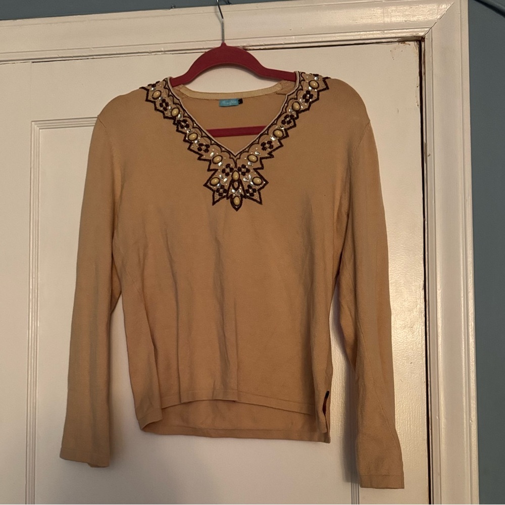 J McLaughlin Beige Beaded Top Size L